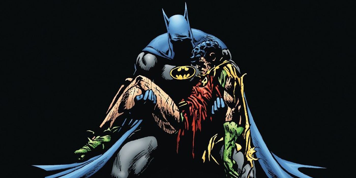 Batman holding Robin's corpse in A Death In The Family cover art.