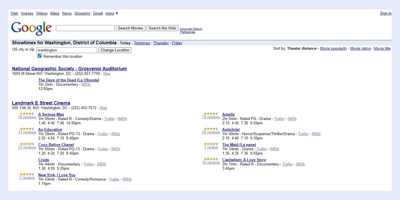 A Google Showtimes screenshot from November 2009