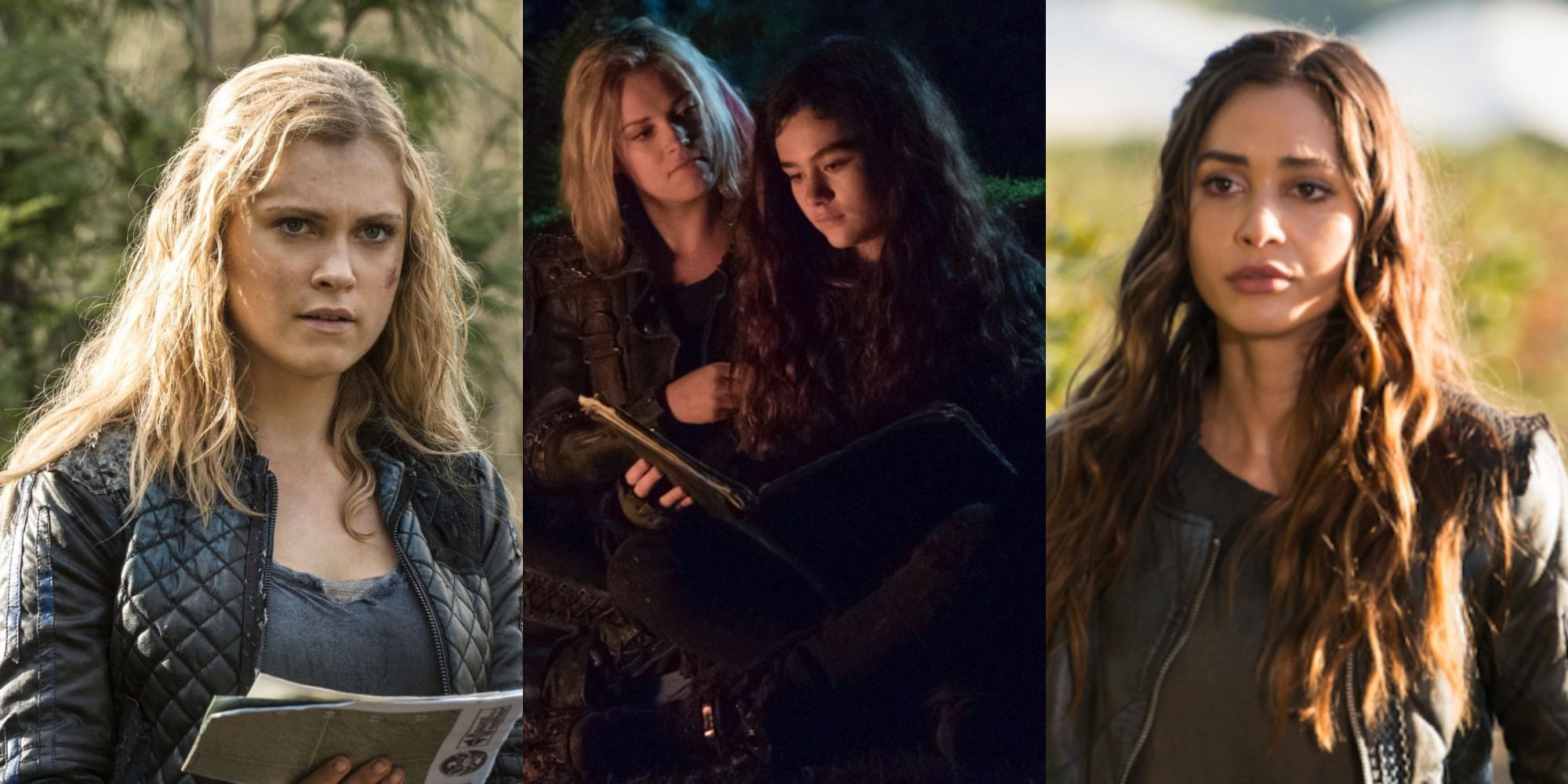 A collage of Clarke looking at a map, Clarke and Madi reading and Raven in a field in The 100