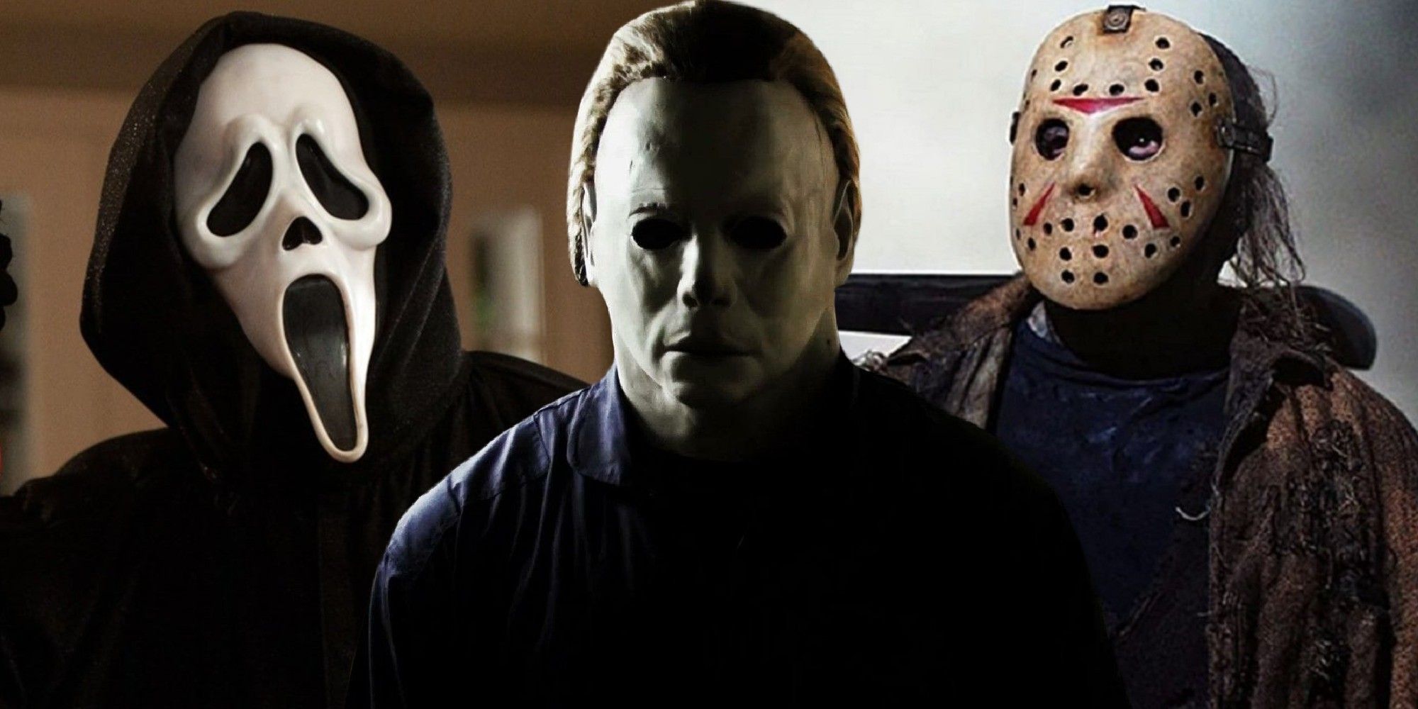 A collage of slasher movie killers Ghostface, Michael Myers and Jason Voorhees