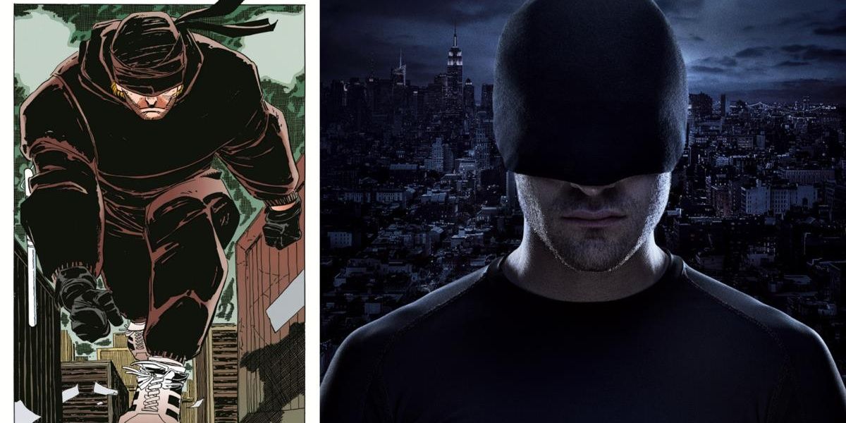 A panel from Daredevil The Man Without Fear and a still from Daredevil 