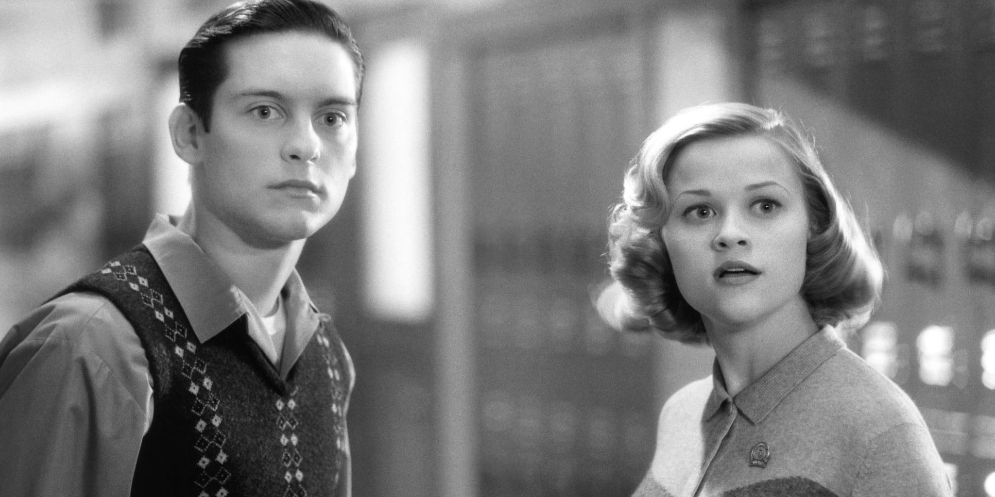 A scene from Pleasantville with Tobey Maguire and Reese Witherspoon.
