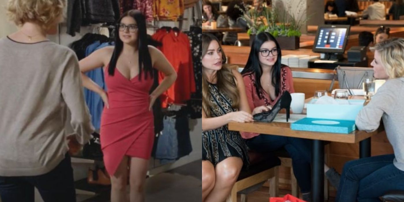 A split image of Alex showing her mom her new dress and shoes on Modern Family