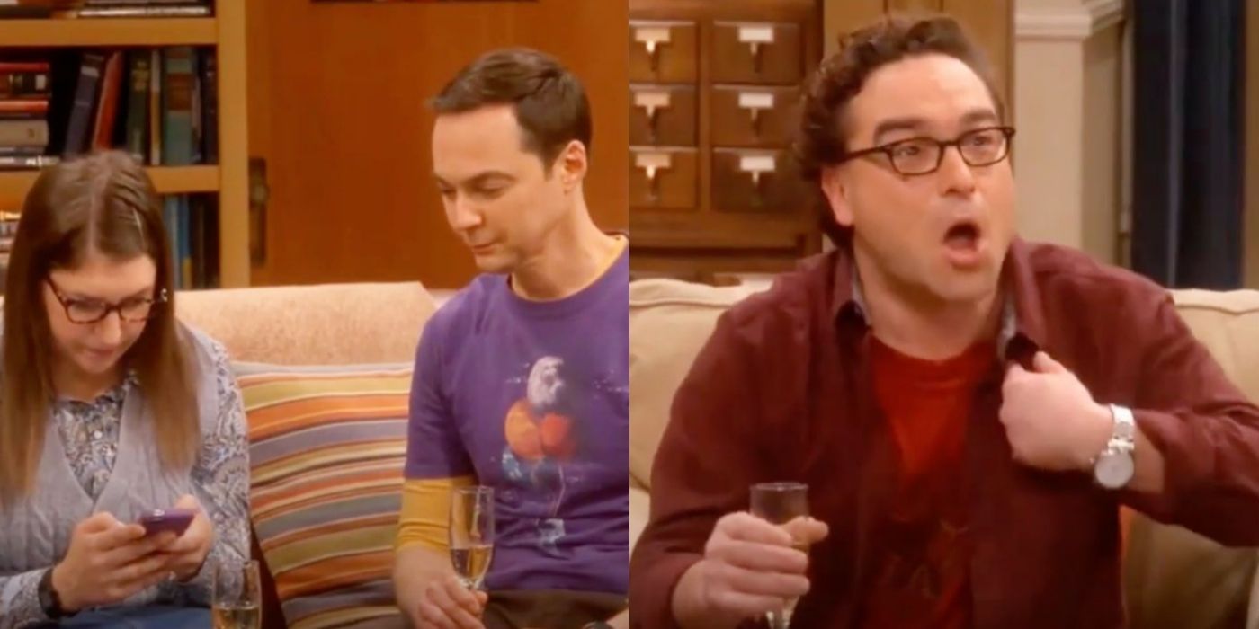 A split image of Amy Sheldon and Leonard in a blooper for TBBT
