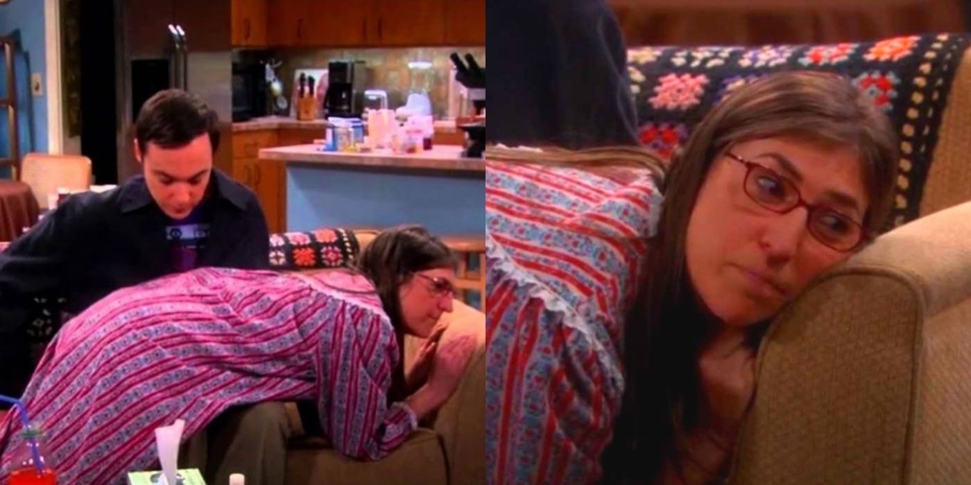 A split image of Amy being spanked by Sheldon in a blooper for TBBT