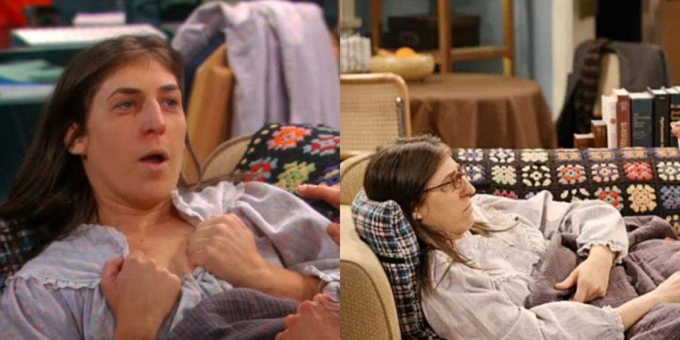 A split image of Amy sick in bed on TBBT