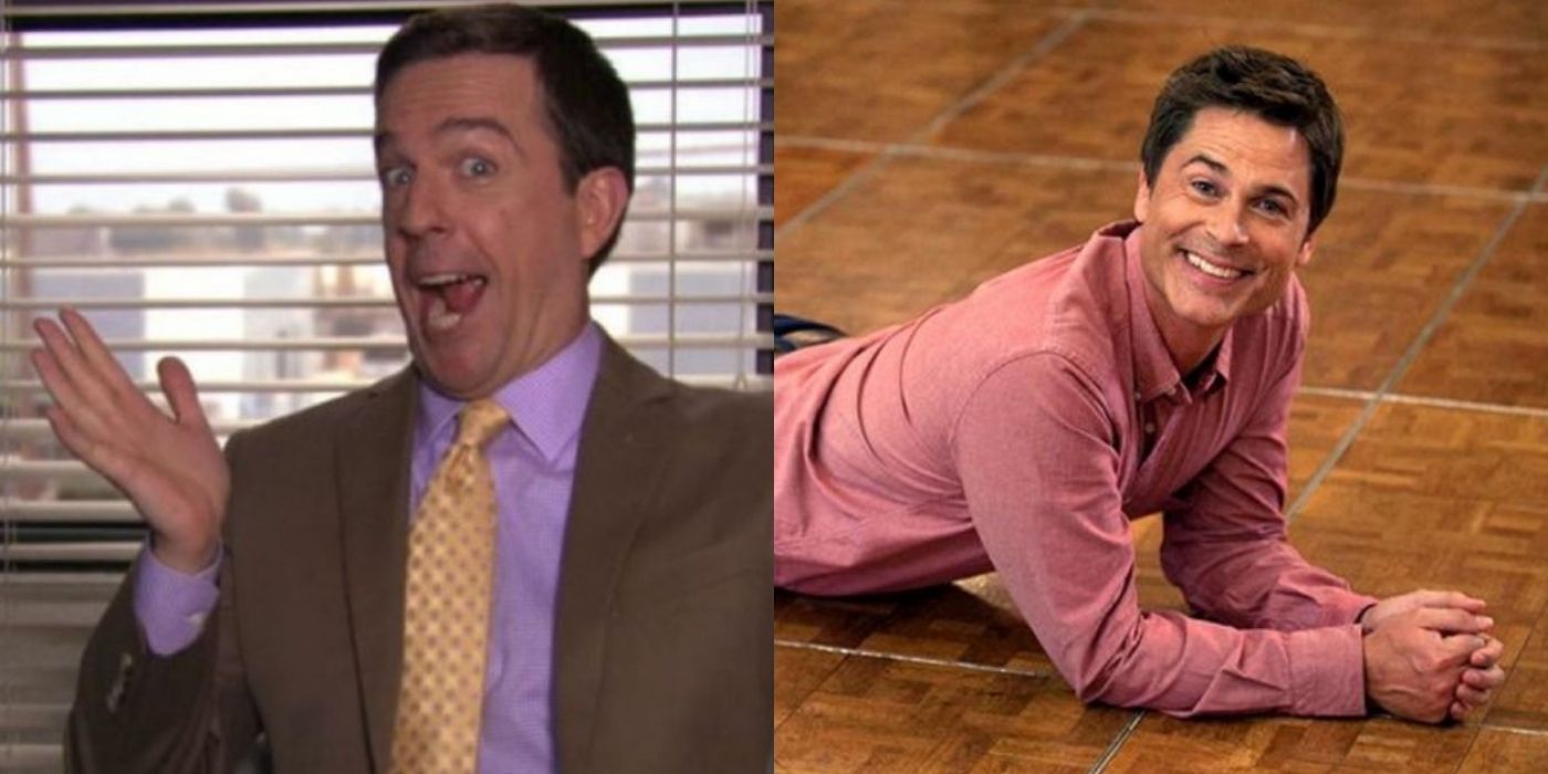 A split image of Andy and Chris smiling from the Office and Parks and Recreation