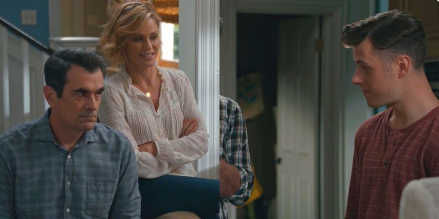 A split image of Claire and Phil listening to Luke on Modern Family