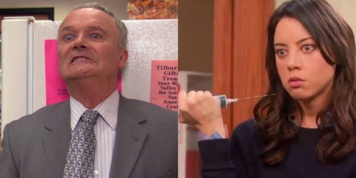 A split image of Creed and April scaring others from the Office and Parks and Recreation