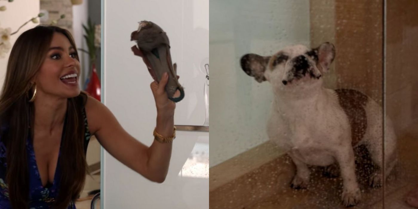 A split image of Gloria upset at Stella for eating her shoe on Modern Family