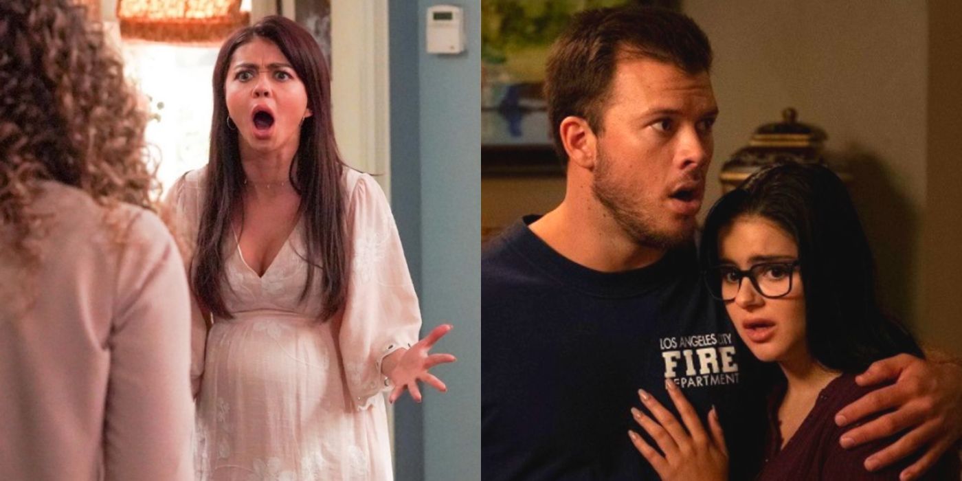 A split image of Haley screaming and Alex hugging her boyfriend on Modern Family