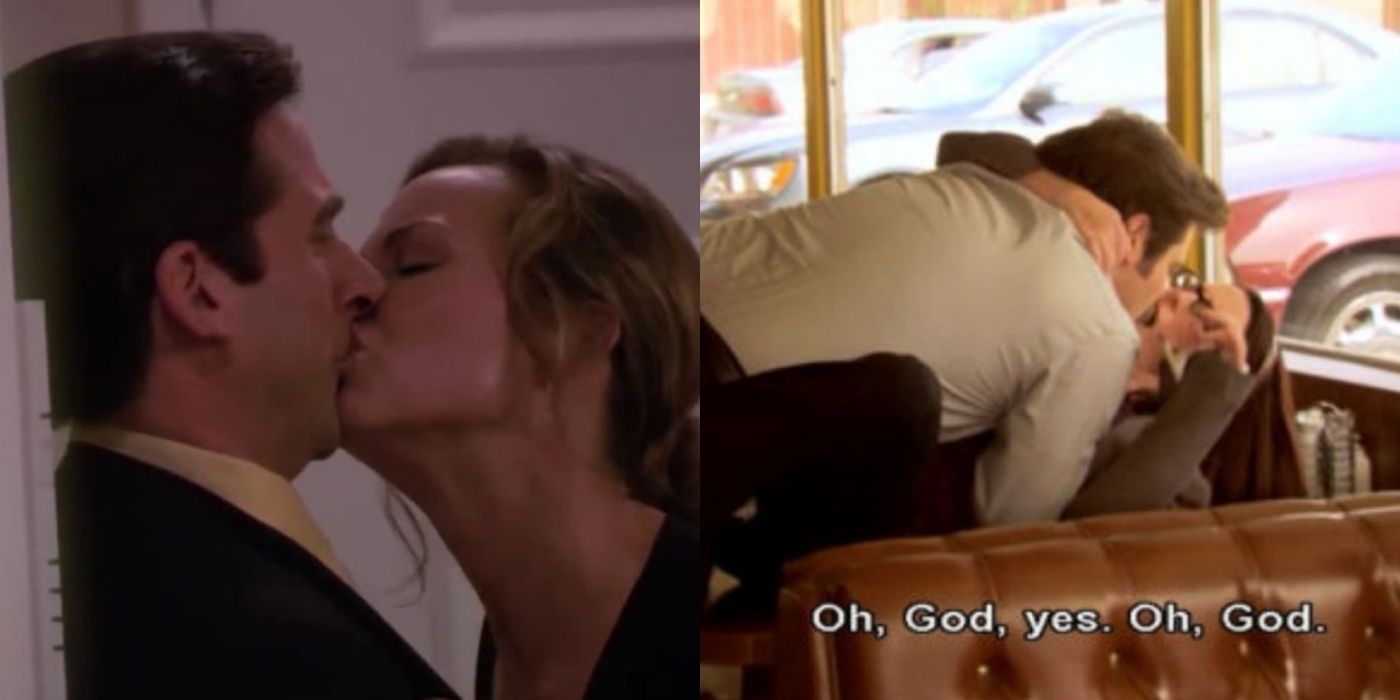 A split image of Jan kissing Michael and Tammy kissing Ron from the Office and Parks and Recreation