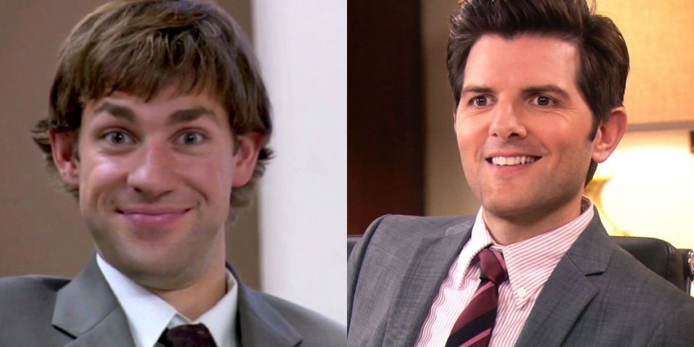 A split image of Jim and Ben smiling at work from the Office and Parks and Recreation