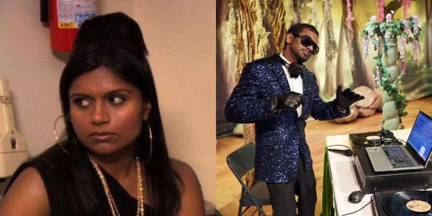 A split image of Kelly Kapoor and Tom Haverford from The Office and Parks and Recreation