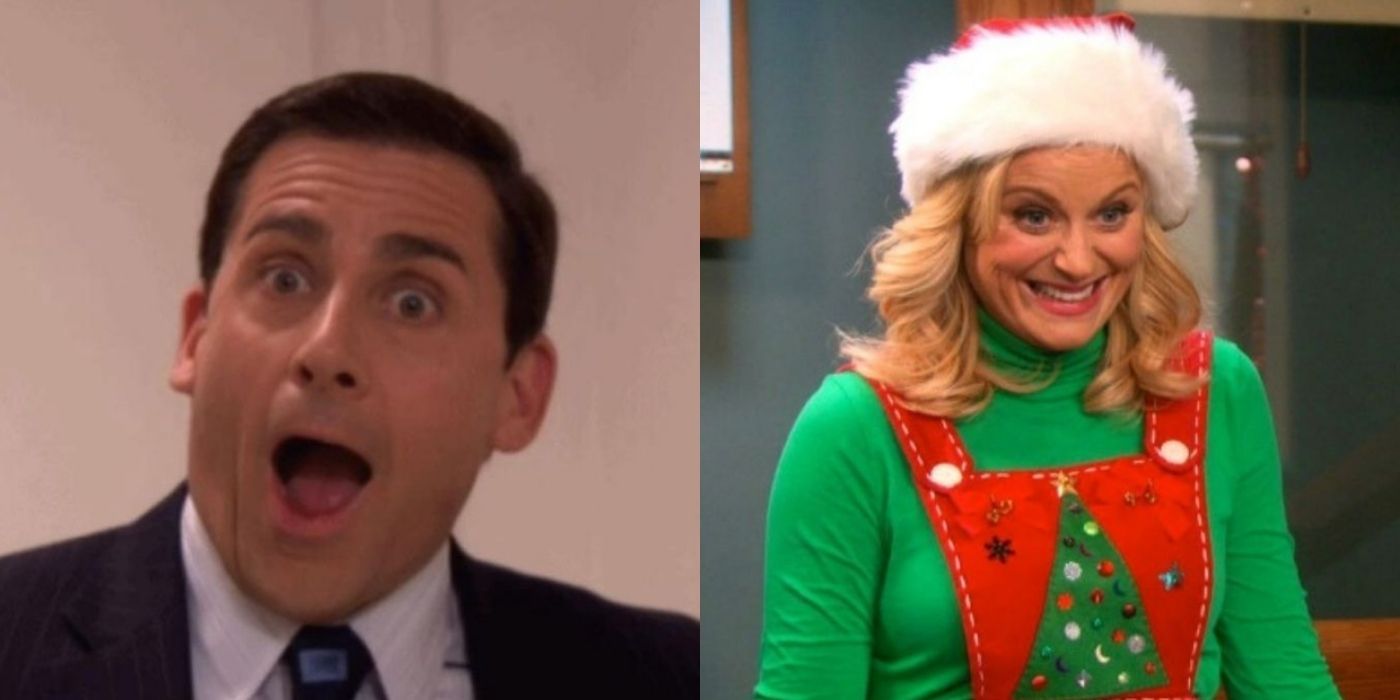 A split image of Michael Scott and Leslie Knope excited from The Office and Parks and Recreation