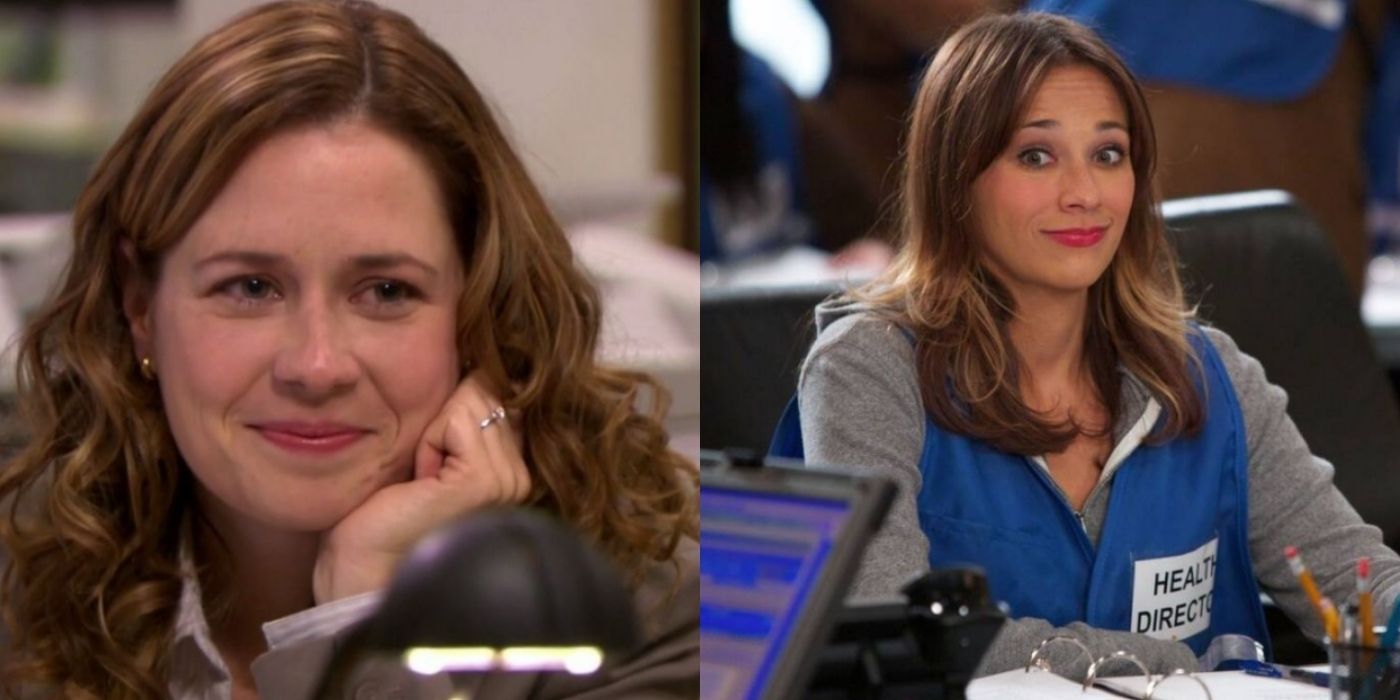 A split image of Pam and Ann working from The Office and Parks and Recreation