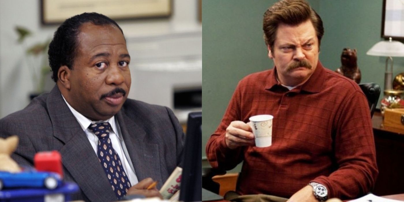 A split image of Stanley and Ron smirking at work from the Office and Parks and Recreation
