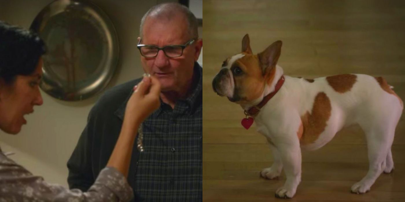 A split image of Stella and Jay and Gloria's sister on Modern Family
