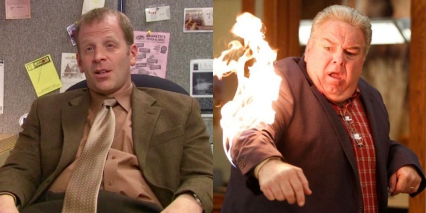 A split image of Toby talking to the camera and Jerry on fire from the Office and Parks and Recreation