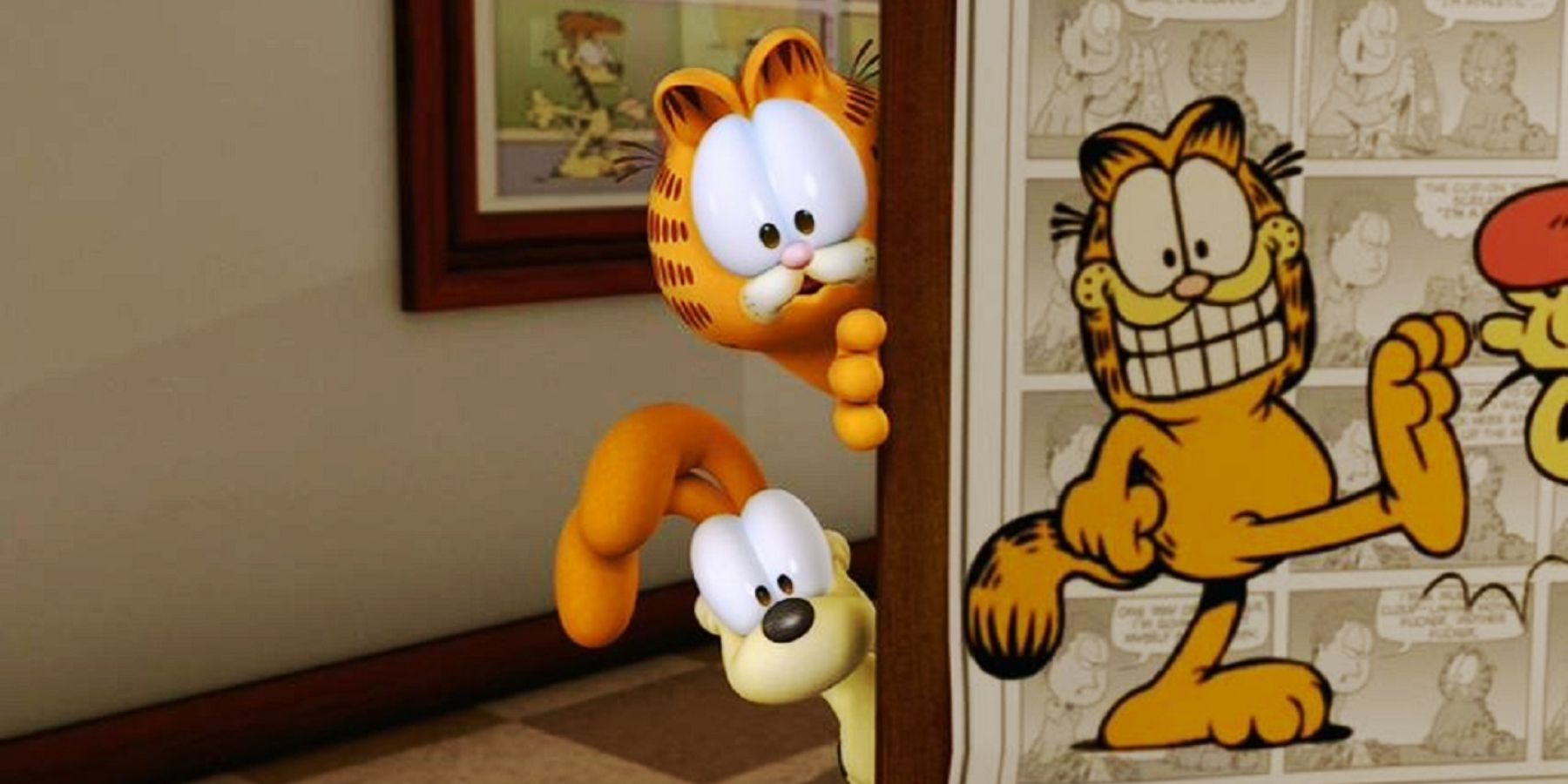 Un fotograma de Garfield Gets Real con Garfield y Odie mirando desde detrás de una pared
