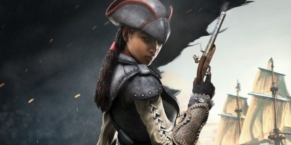 Assassin's Creed III: Liberation art showing Aveline with a flintlock pistol.
