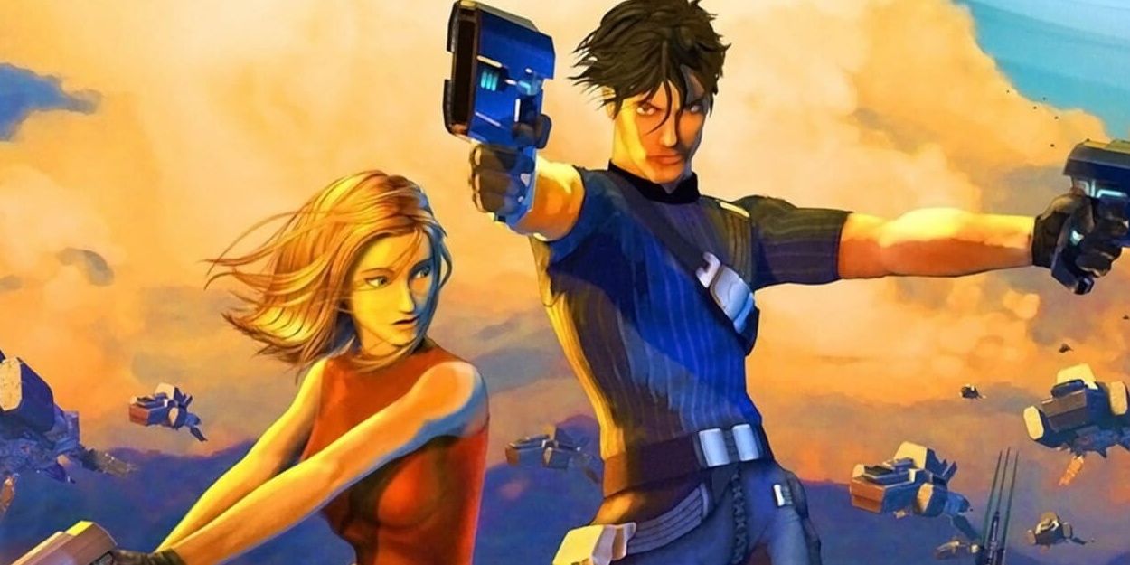 Cover of Advent Rising featuring the lead characters stretching out their arms and holding guns