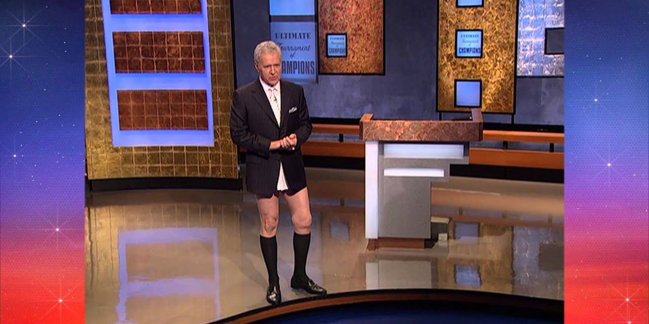 Alex Trebek with no pants on Jeopardy 