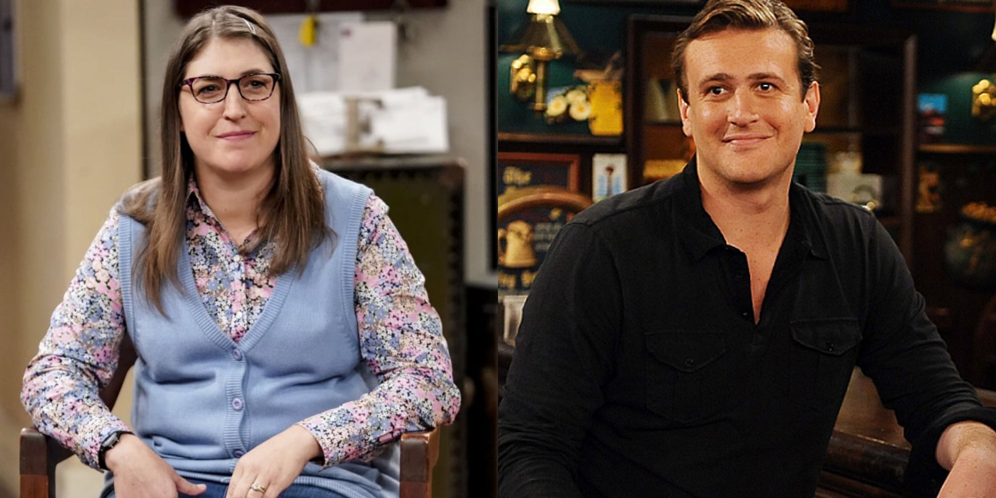 A split-screen image showing The Big Bang Theory's Amy Farrah Fowler and How I Met Your Mother's Marshall Eriksen