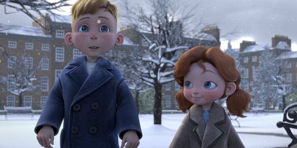 Two children walking on a snowy street in Angelas Christmas Wish