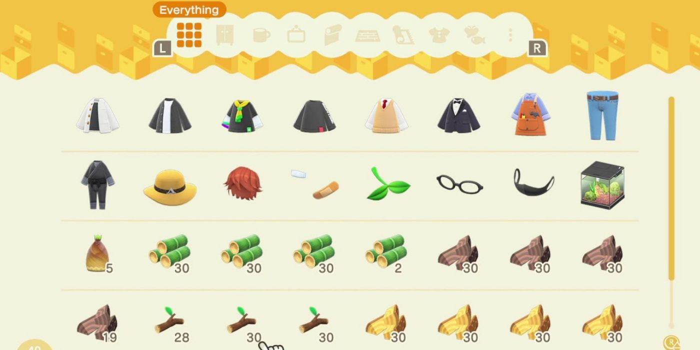 Storage space showing different items of clothing in Animal Crossing.