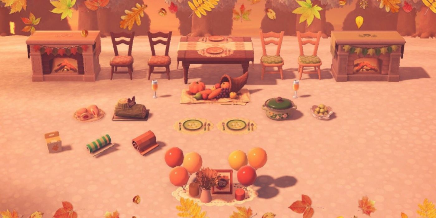 A Thanksgiving-like setup in Animal Crossing New Horizons