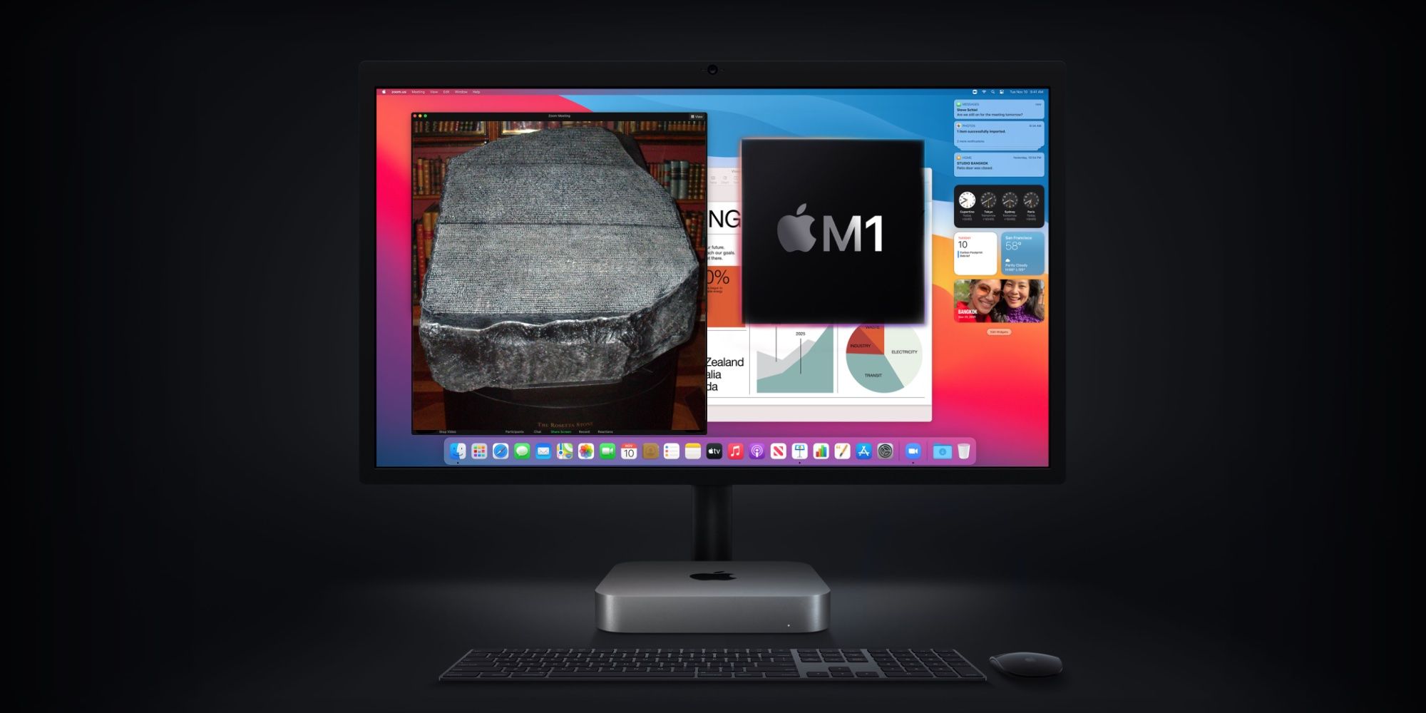 Apple M1 Mac mini with Rosetta Stone on its screen