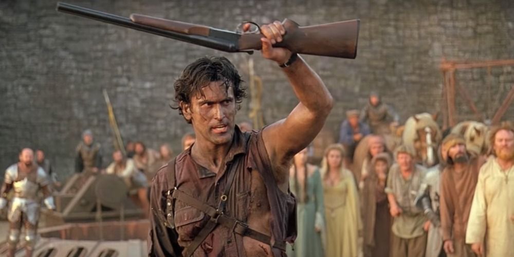 Ash rasiing his rifle in Army of Darkness