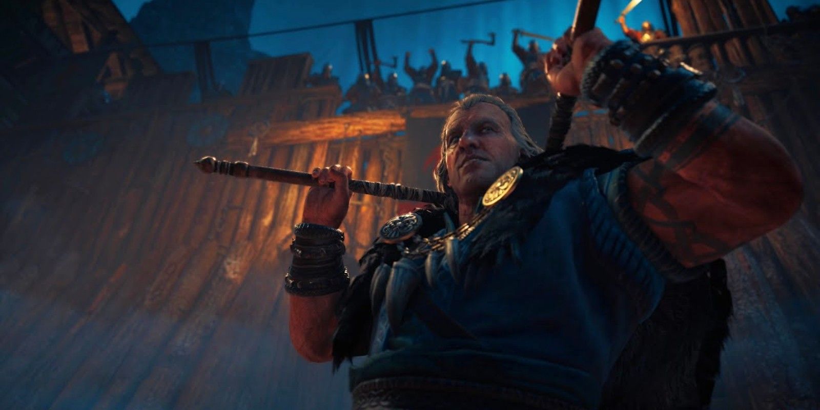 Kjotve the Cruel from Assassin's Creed: Valhalla holding two axes behind his back