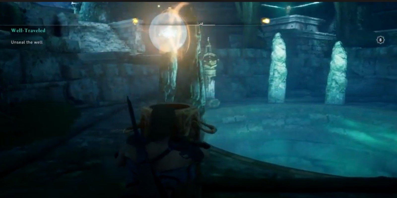 A player moves the sunstone from near the target at the Well of Urdr in Assassin's Creed: Valhalla