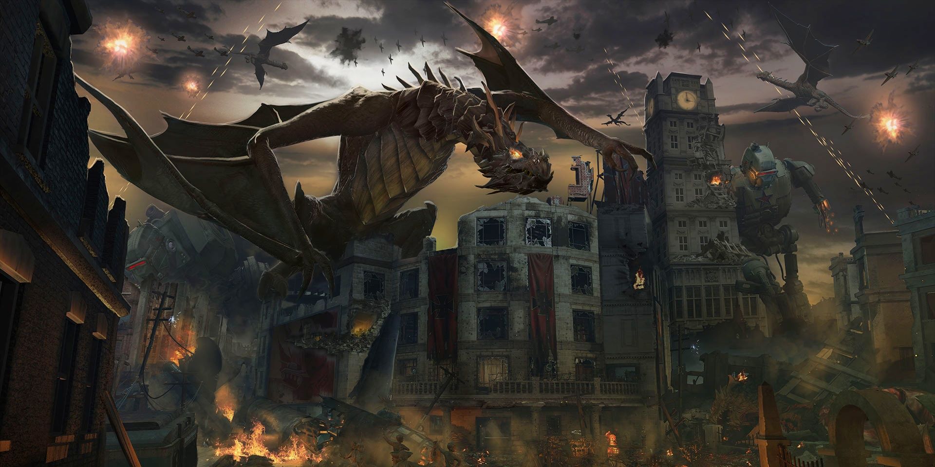 A dragon looming over a ruined building in Call of Duty Zombies map Gorod Krovi
