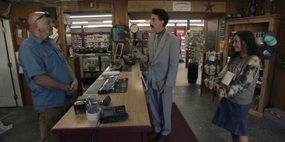 Bill's Farm and Feed Employee with Borat and Tutar in Borat 2