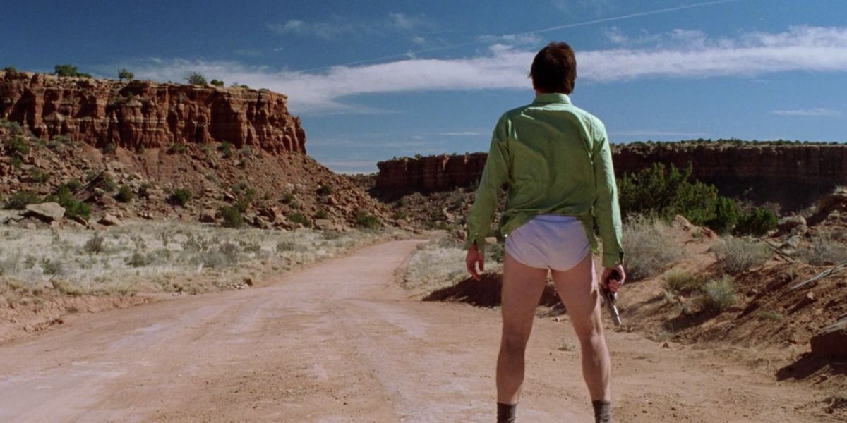 Walter White stands in his underwear with a gun in his hand in Breaking Bad.
