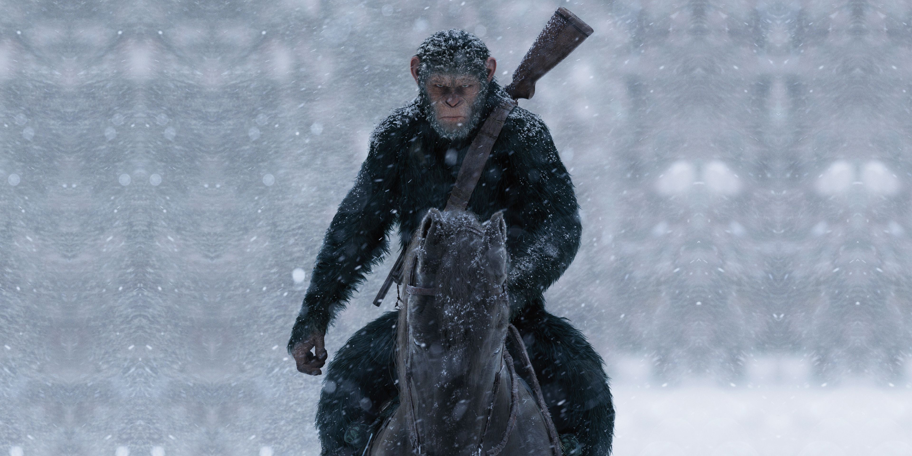 Caesar riding his horse in the snow in War for the Planet of the Apes