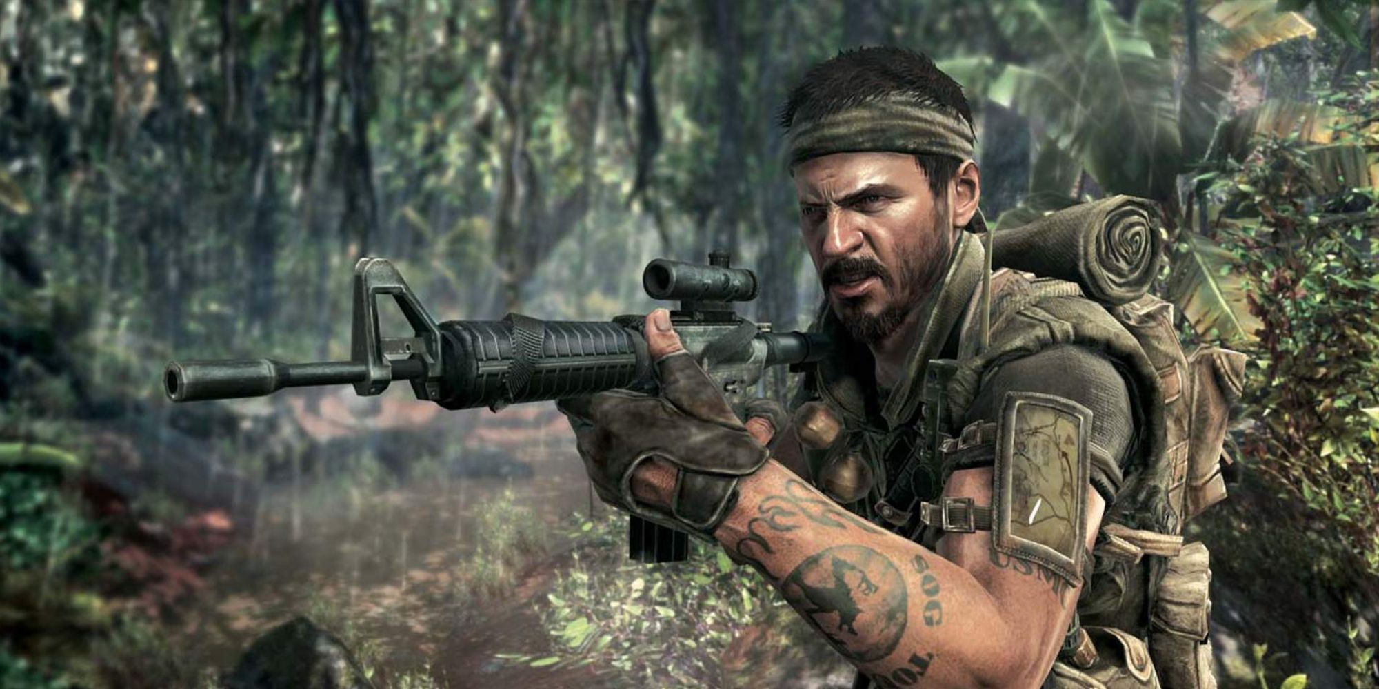 A soldier aims his gun in a dense forest in Call of Duty: Cold War