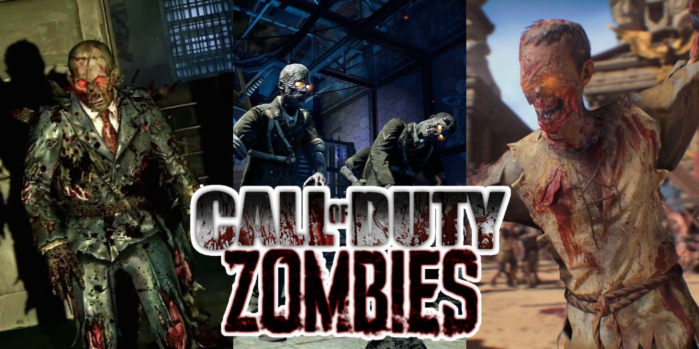 Split screen images of zombies with glowing eyes from several different Call of Duty Zombies maps.