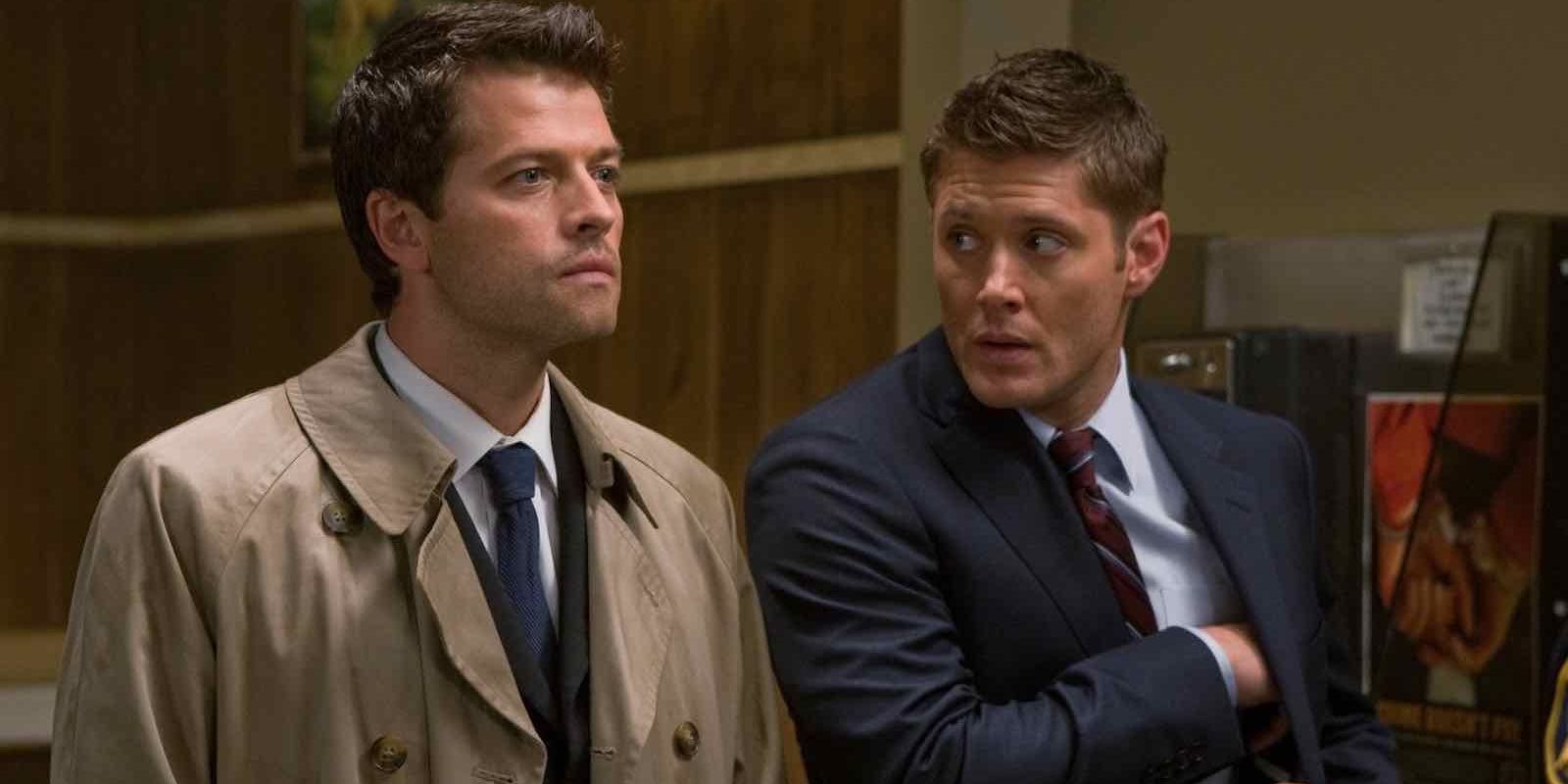 Castiel and Dean in Supernatural wearing suits