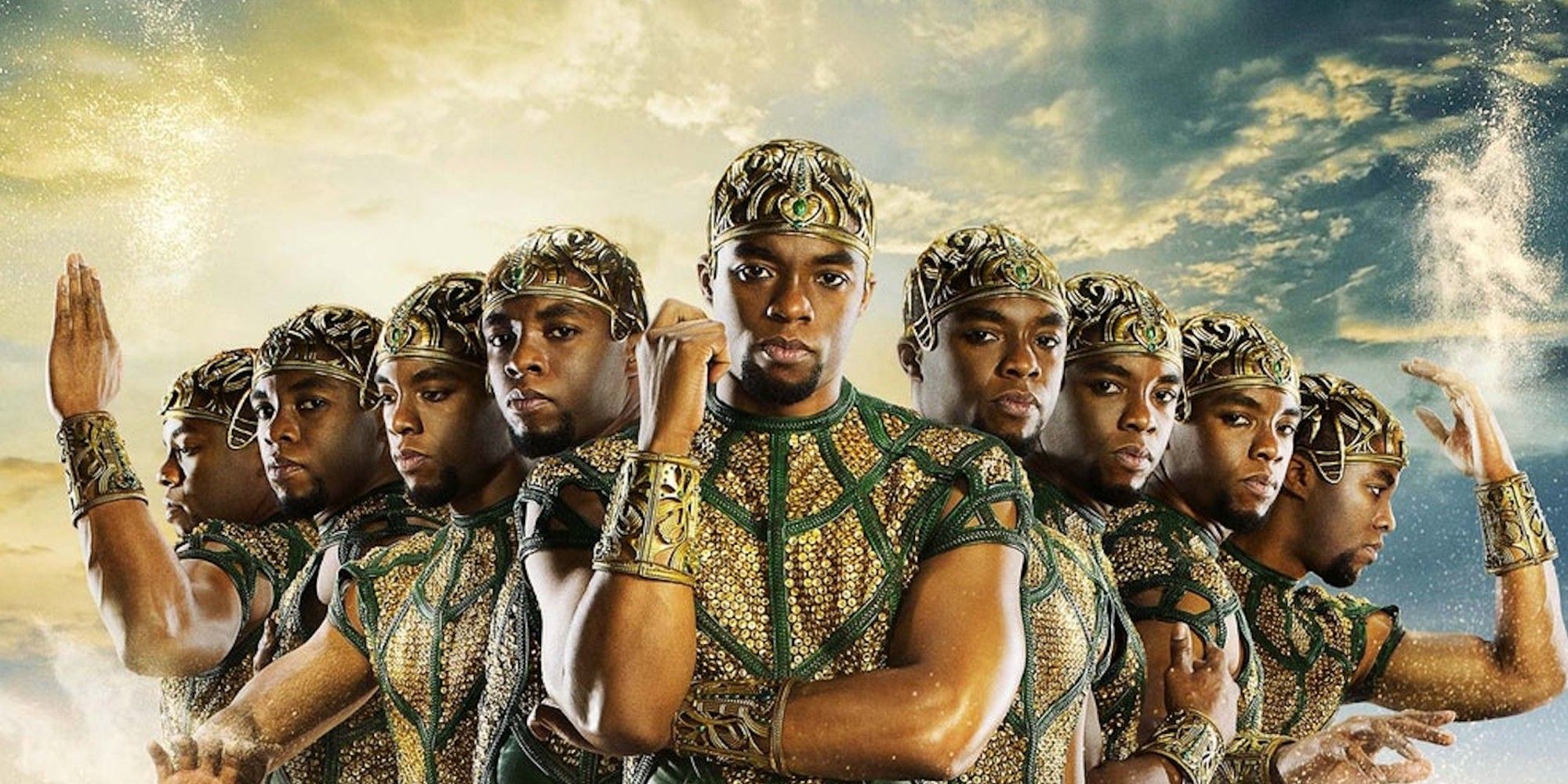 Chadwick Boseman standing as multiple versions of Thoth in Gods of Egypt