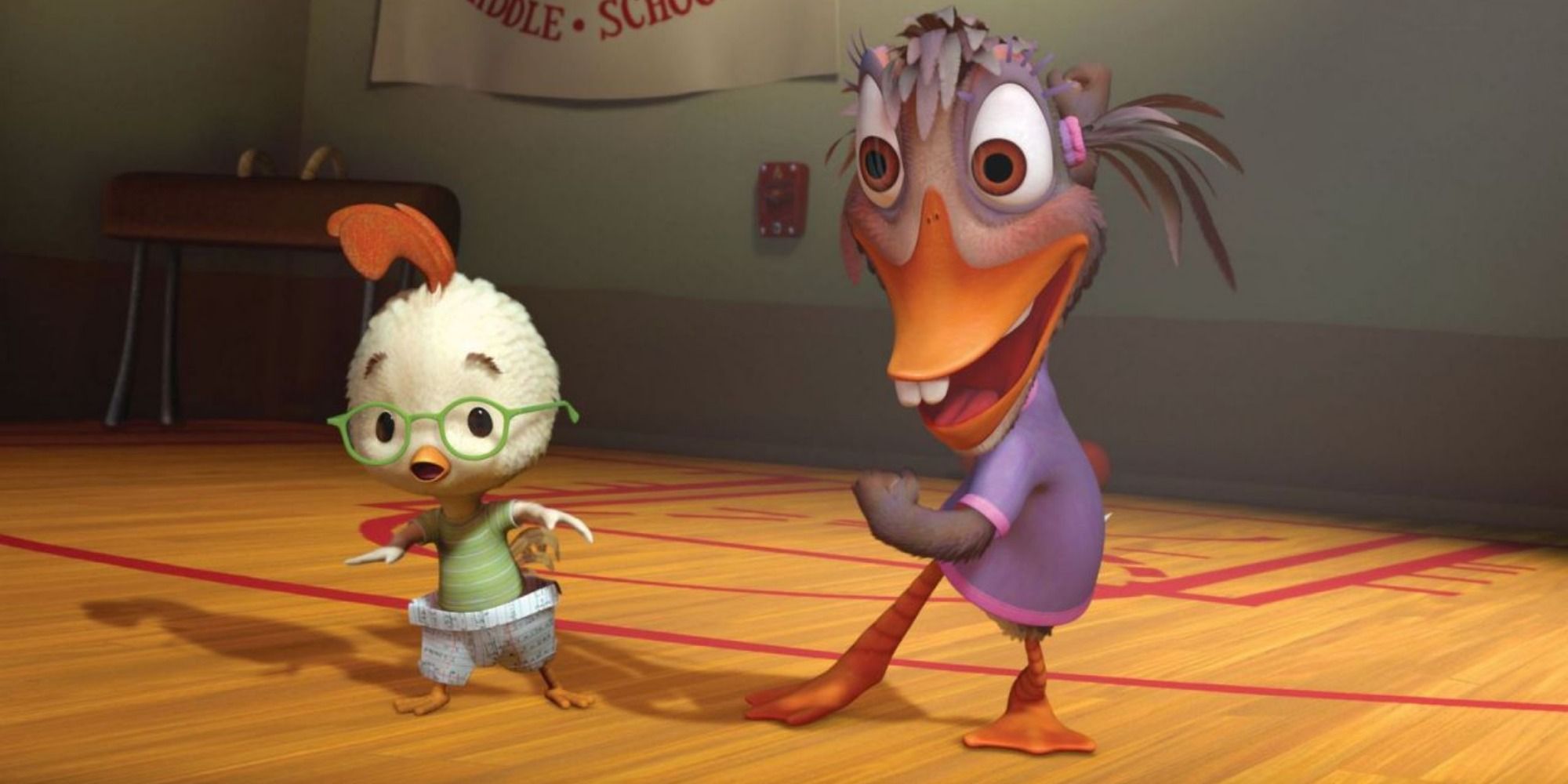 A screenshot of Chicken Little and Abby Mallard in the middle of dodgeball from Chicken Little (2005)