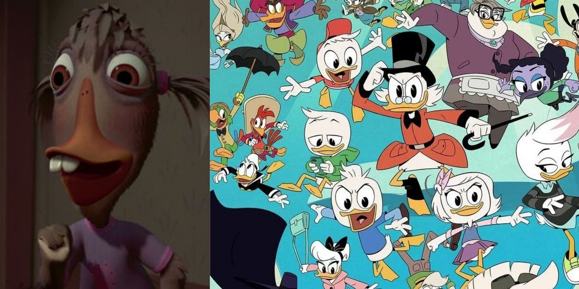 Uma comparação lado a lado de Abby Mallard de Chicken Little (2005) e os personagens de Ducktales (2017) 
