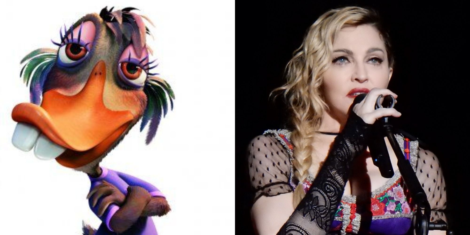 A side-by-side comparison of Abby Mallard from Chicken Little (2005) and Madonna