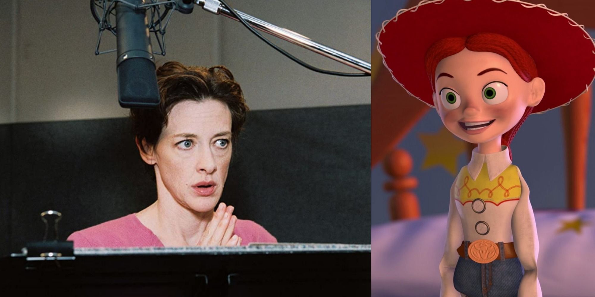 A side-by-side comparison of Joan Cusack and Jessie the Cowgirl from the Toy Story franchise