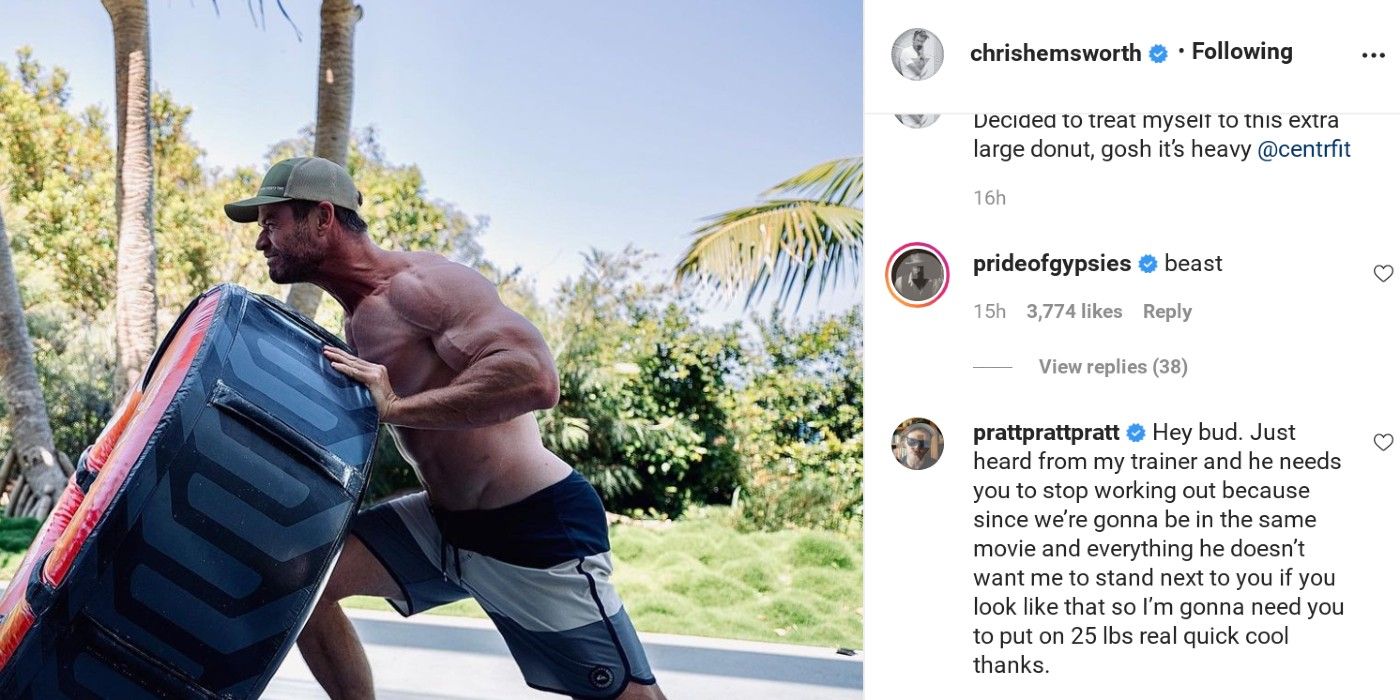 Chris Pratt comments on Chris Hemsworth's workout photo