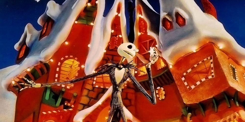 Jack Skellington in front of a snow covered home in Nightmare Before Christmas