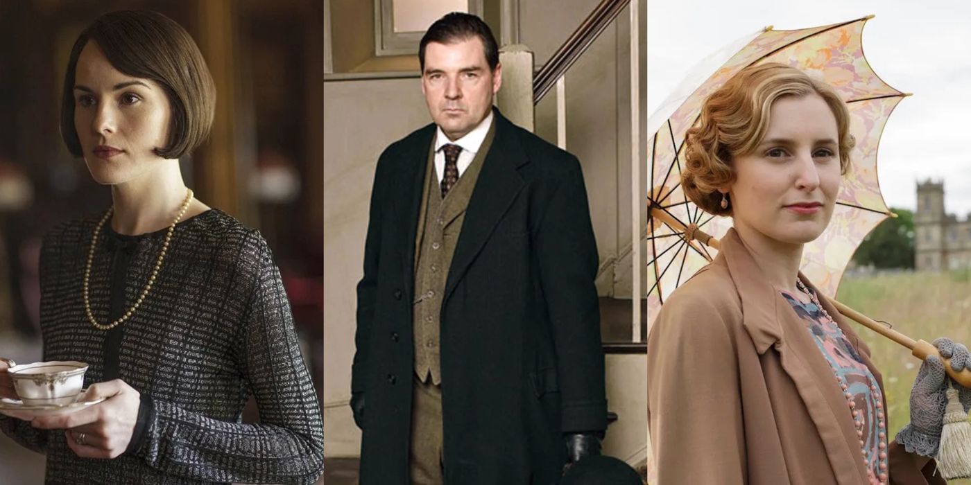 Mary, Mr.Bates and Edith from Downton Abbey in a split image